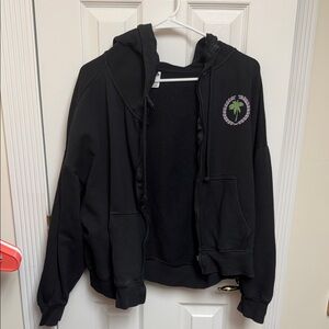 Pink Black Zip-Up Hoodie with Palm Emblem